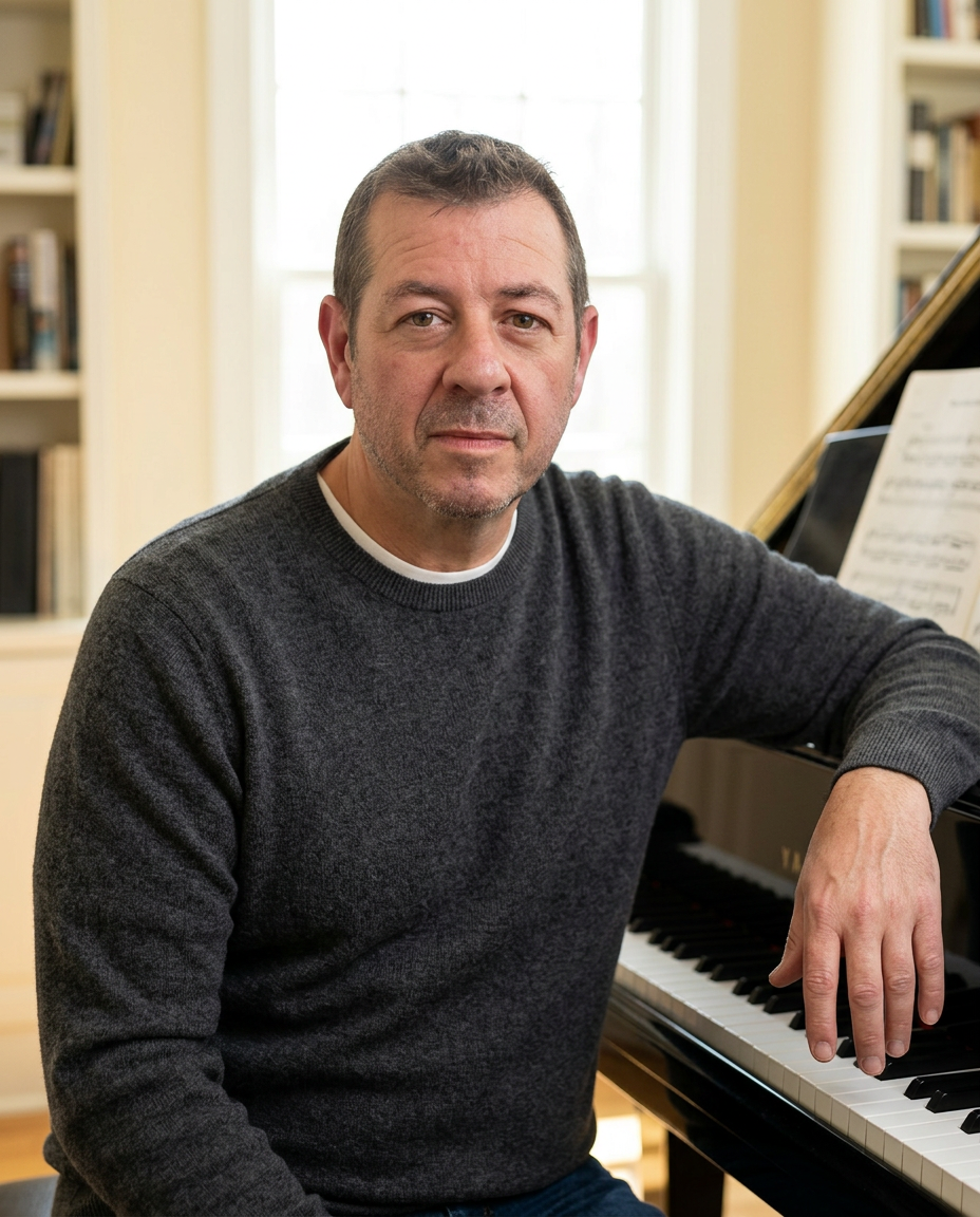 Benjamin Mauerberger piano teacher portrait in a warmly lit music studio